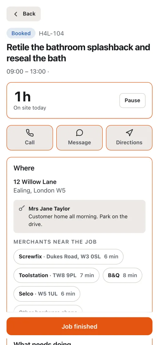 A contractor's job screen with on my way and job clock buttons