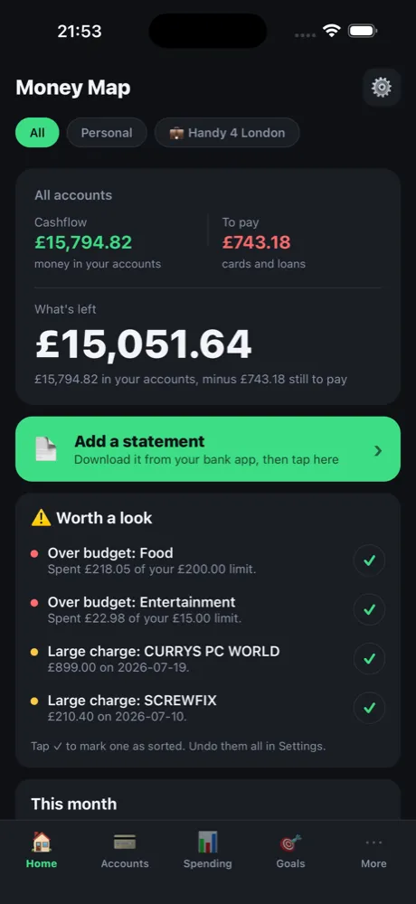 Money Map app home screen showing cashflow and what's left